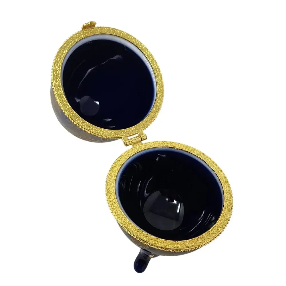 Vintage Cobalt Blue Gold Porcelain Decorative Trinket Faberge Egg Jewelry Box